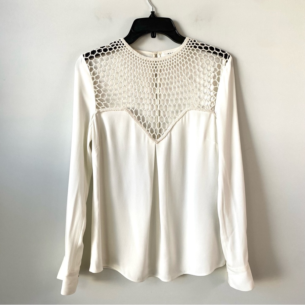A.L.C. Sian Long Sleeve‎ Crepe Blouse Silk Honeycomb Crochet Net Ivory 2 - Picture 3 of 8